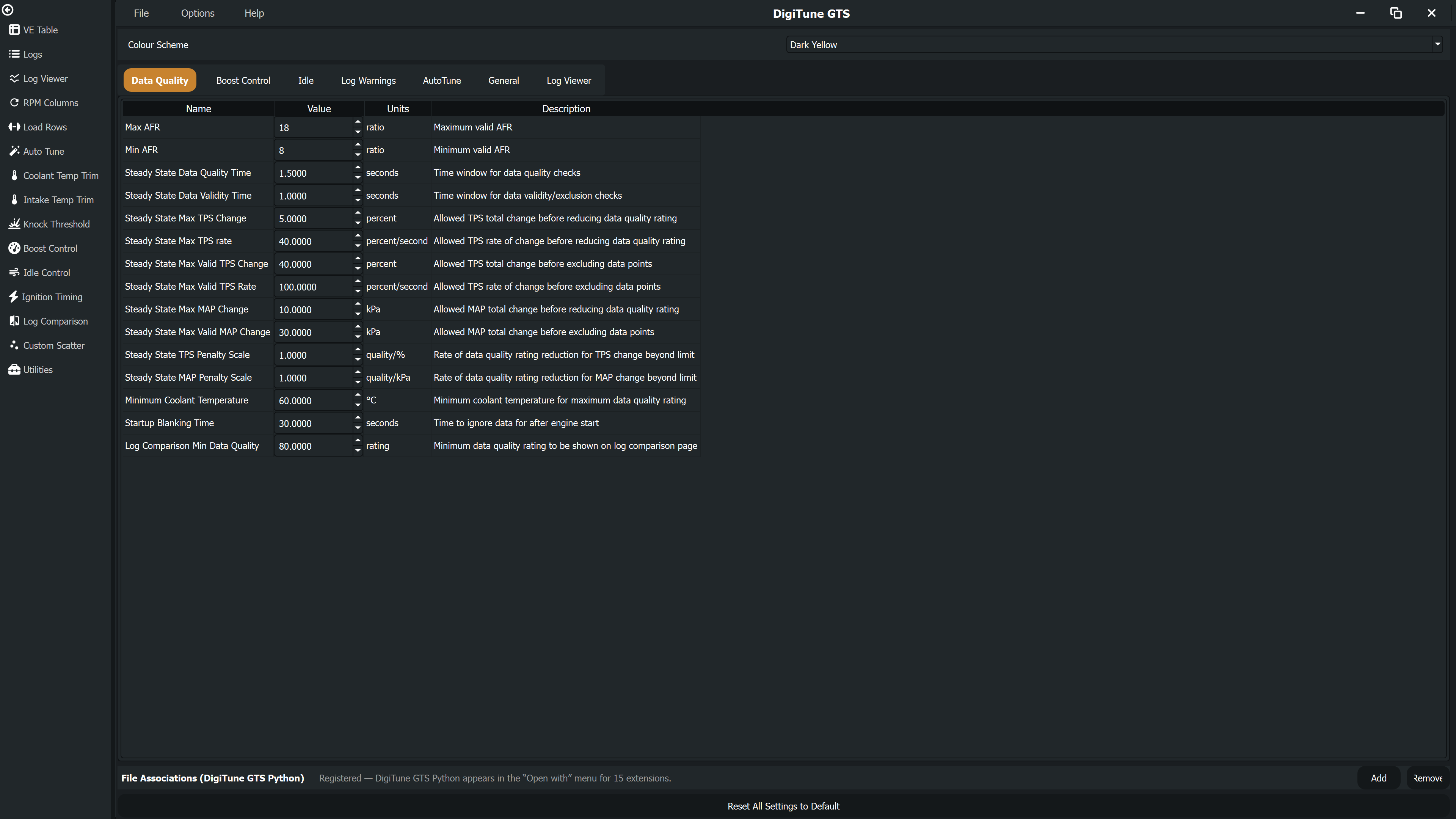 Settings page with tabs for Data Quality, Boost Control, Idle, Log Warnings, AutoTune, General, and Log Viewer